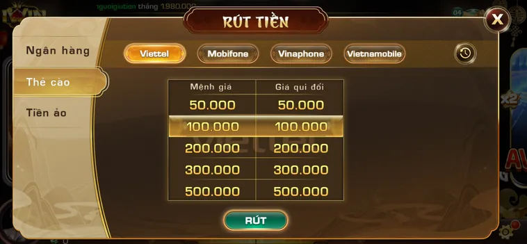 Hướng dẫn rút tiền qua thẻ cào tại cổng game Iwin.